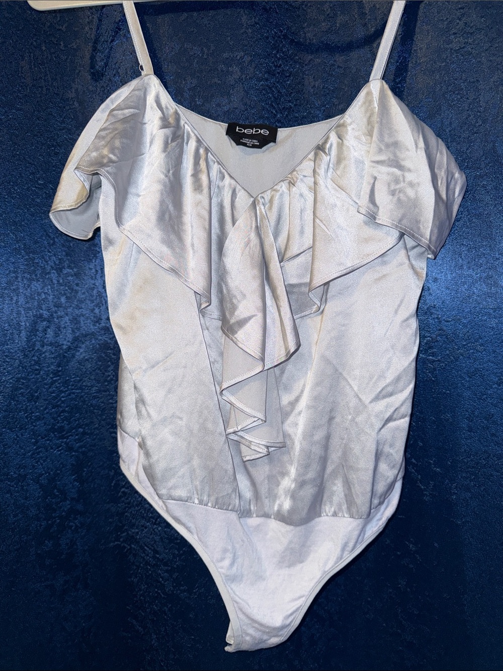 bebe Iridescent Silver Ruffle Satin Bodysuit